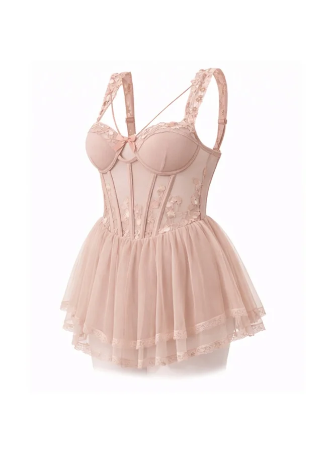 كابريشوس قميص نوم نسائي شفاف بتطريز زهري – فستان نوم شبكي بأحزمة قابلة للتعديل مع حواف دانتيل